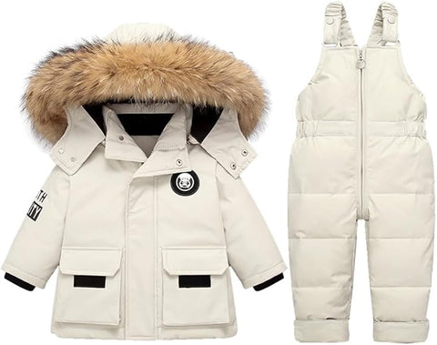 Combinaison de ski 2 pièces pour enfants : doudoune garçon avec capuche en fourrure et salopette de ski fille imperméable. 