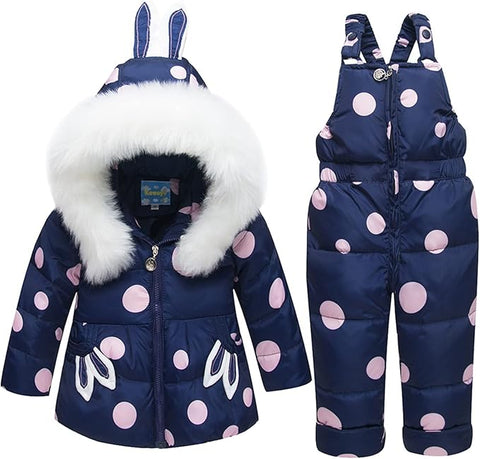 Combinaison de ski 2 pièces pour fille, doudoune à capuche + pantalon de ski, bleu, pour enfants de 3 à 4 ans